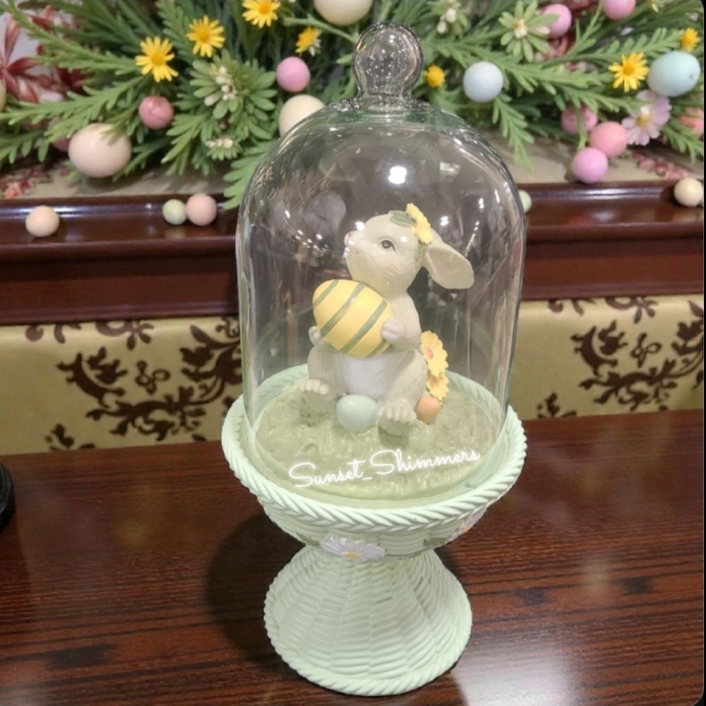 Easter Bunny Rabbit Egg & Flowers In Wicker Style Cloche w/ Daisies Figure Decor
